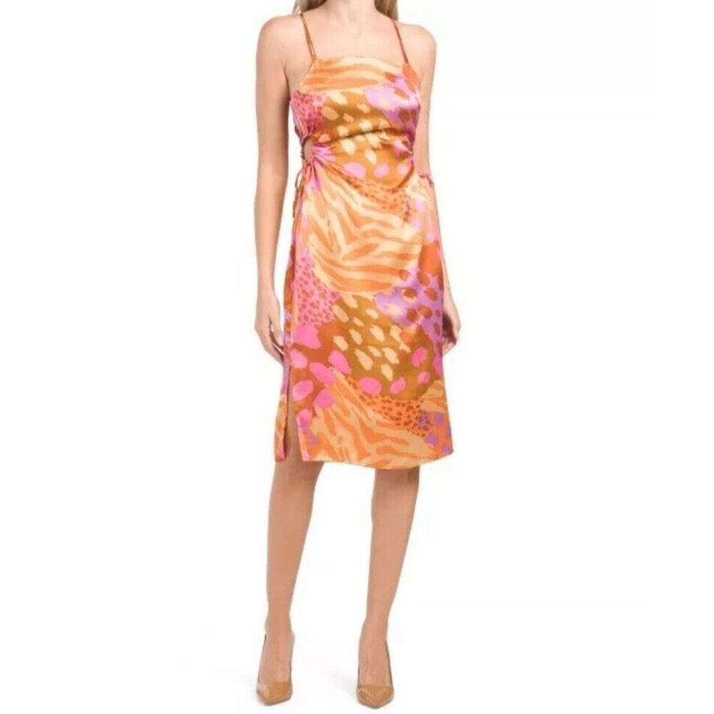 CHRISTIAN LACROIX Dress Size X-Small Brown Pink Animal Side Keyhole Satin Midi